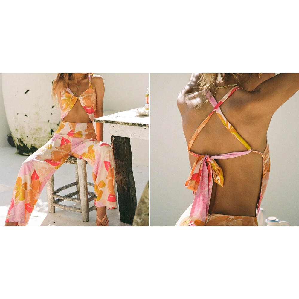 NWT Sabo Mira Jumpsuit Tropical Floral Cutout Wide Leg Pink Orange XS